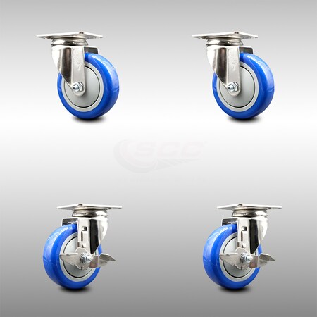 Service Caster 4 Inch 316SS Blue Polyurethane Wheel Swivel Top Plate Caster Brakes SCC, 2PK SCC-SS31620S414-PPUB-BLUE-2-TLB-2